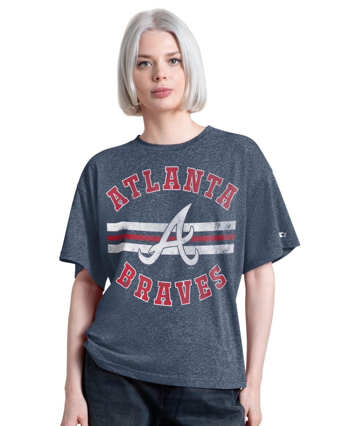 Starter Women's Navy Atlanta Braves Jump Shot Boyfriend Tri-Blend T-Shirt