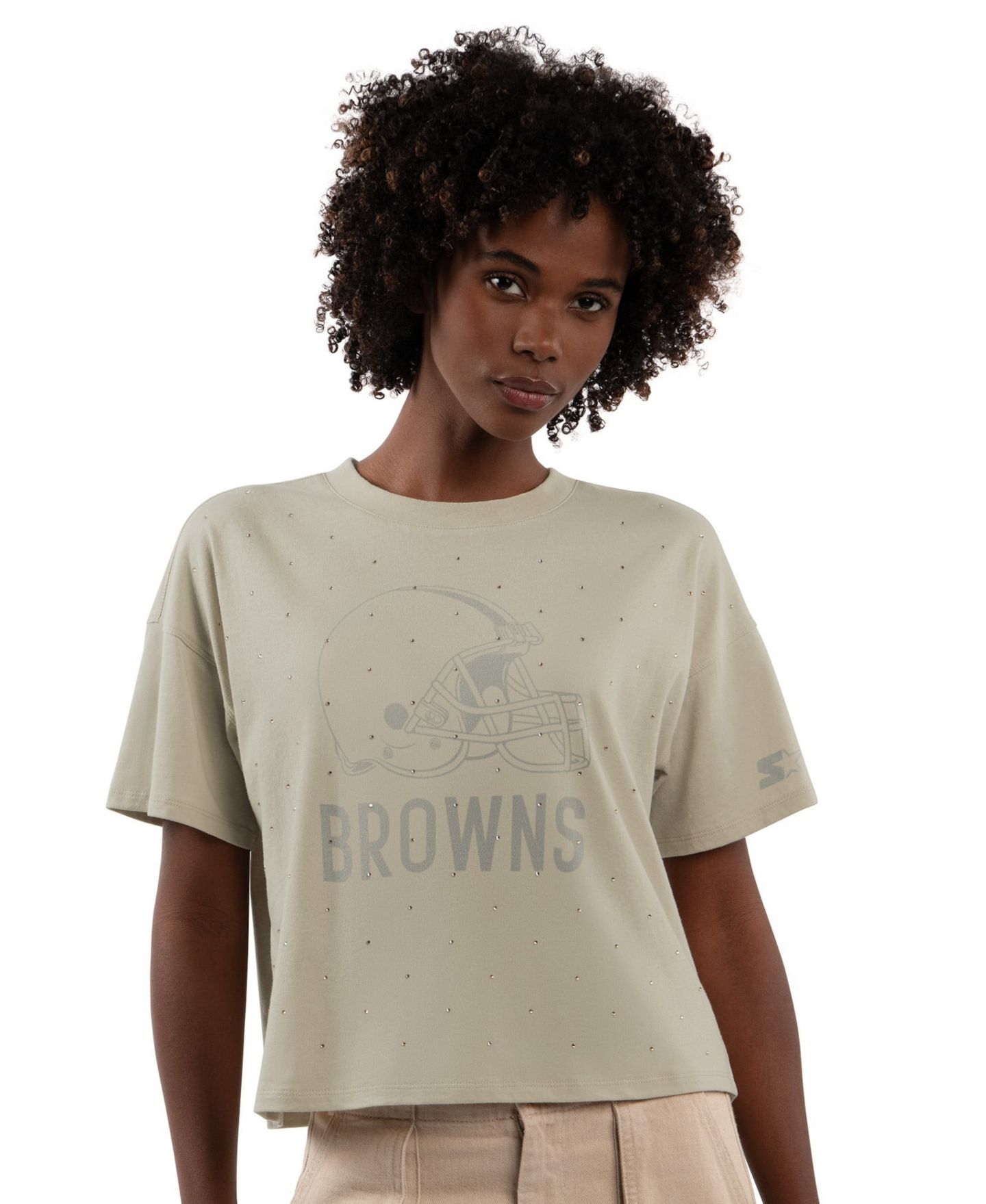 Женская футболка Starter Khaki Cleveland Browns Rhinestone Sprinkle Boxy Cropped — фото 1