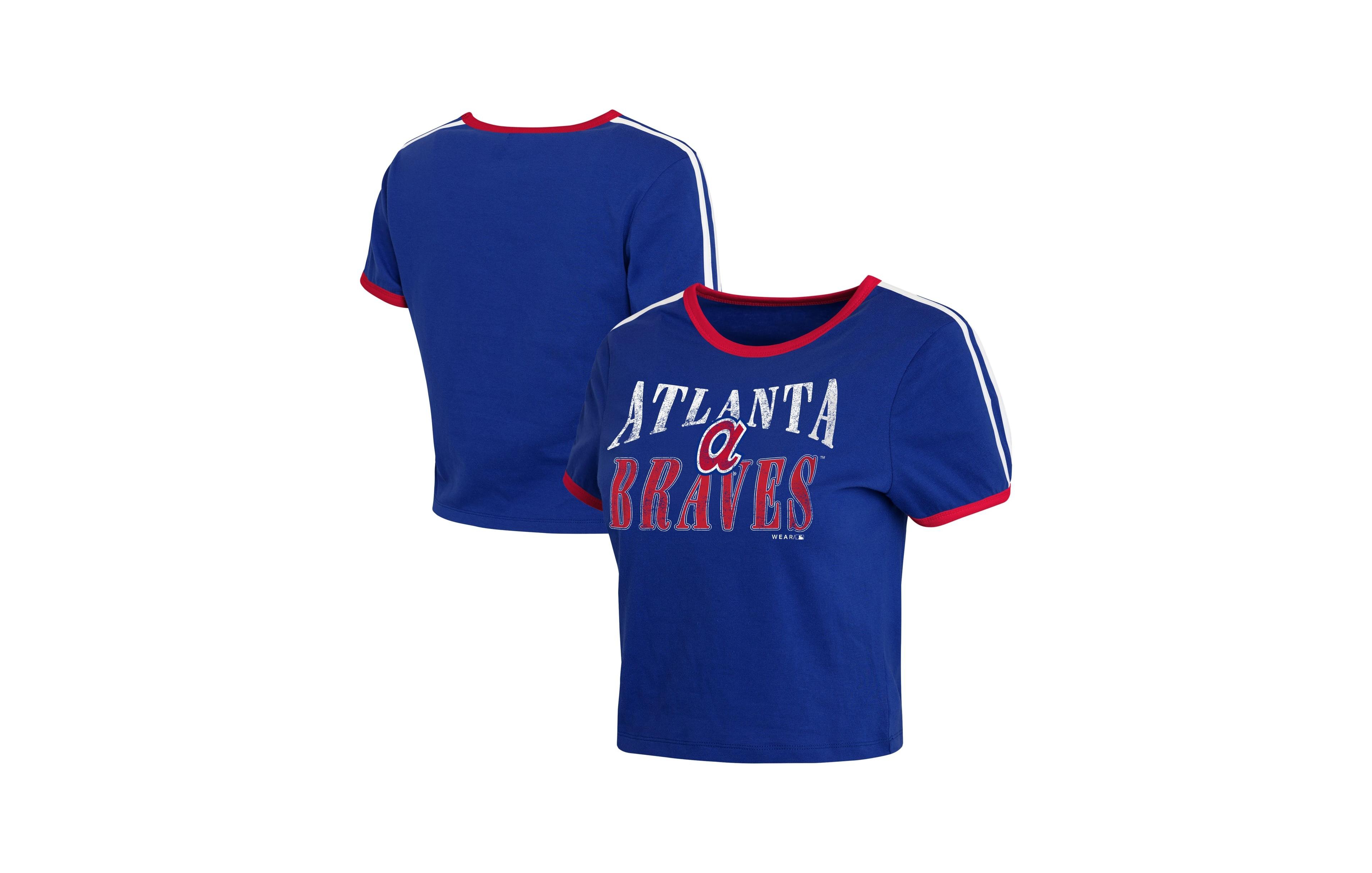 Wear by Erin Andrews Women's Royal Atlanta Braves Cropped Throwback Ringer Baby T-Shirt