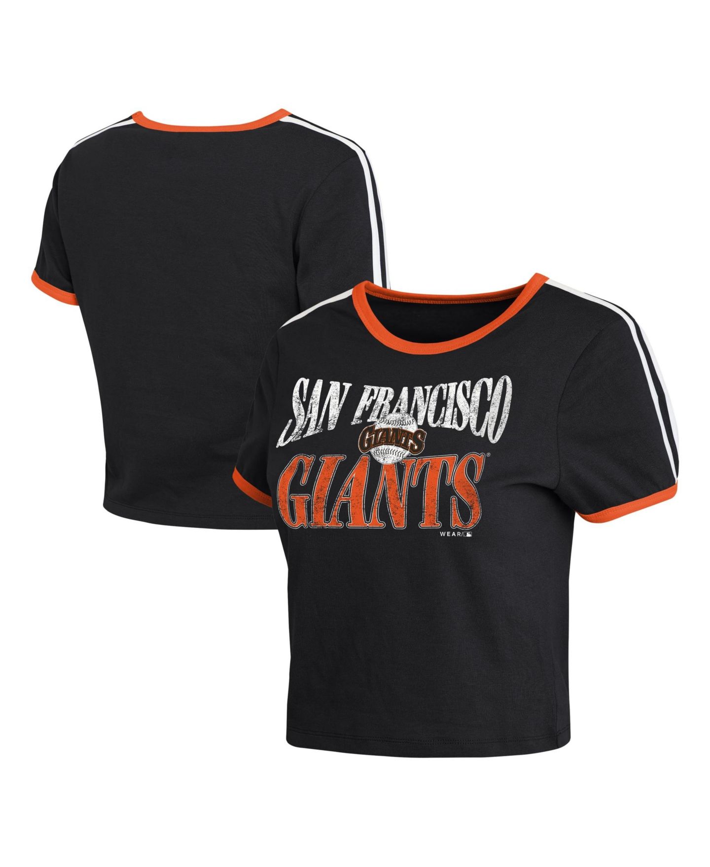 Женская футболка WEAR by Erin Andrews Black San Francisco Giants Cropped Throwback Ringer Baby T-Shirt — фото 1