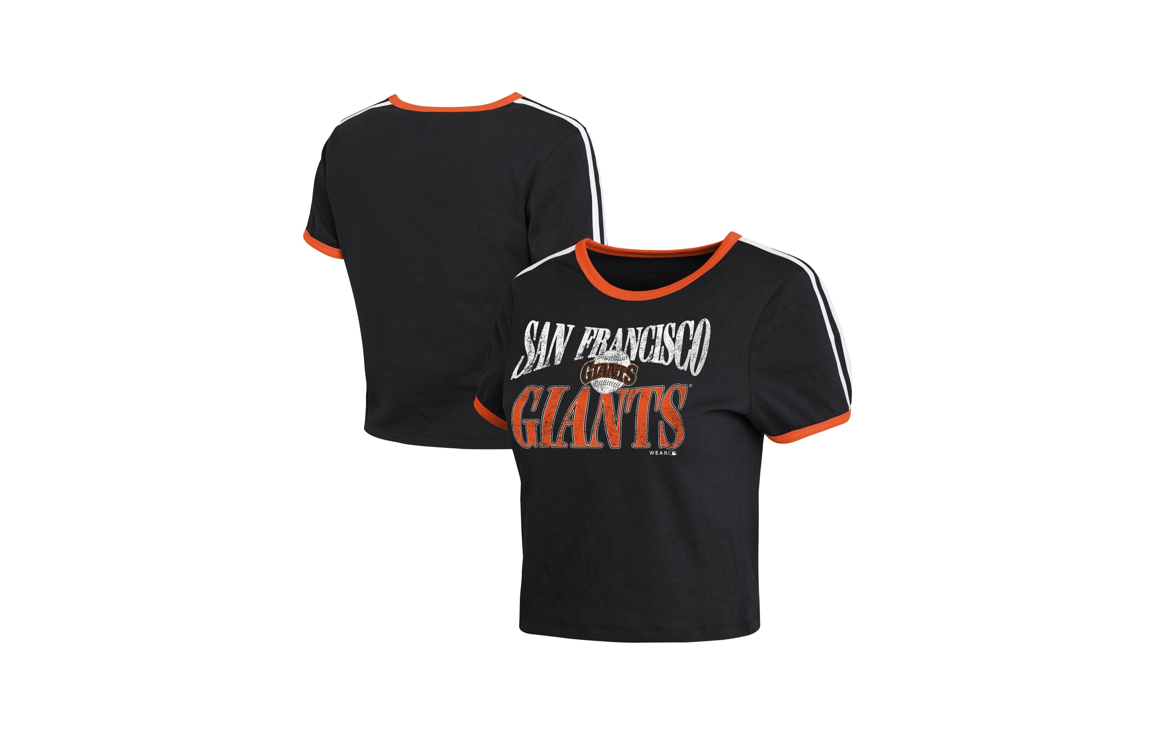 Wear by Erin Andrews Women's Black San Francisco Giants Cropped Throwback Ringer Baby T-Shirt