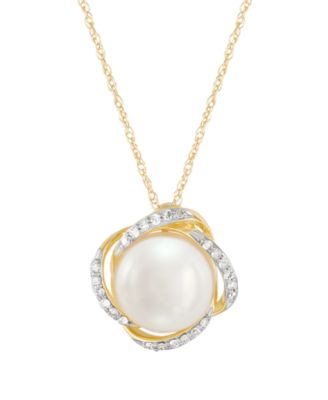 Cultured Freshwater Pearl and Diamond Love Knot Necklace (1/10 ct. t.w.) in 10k Yellow Gold