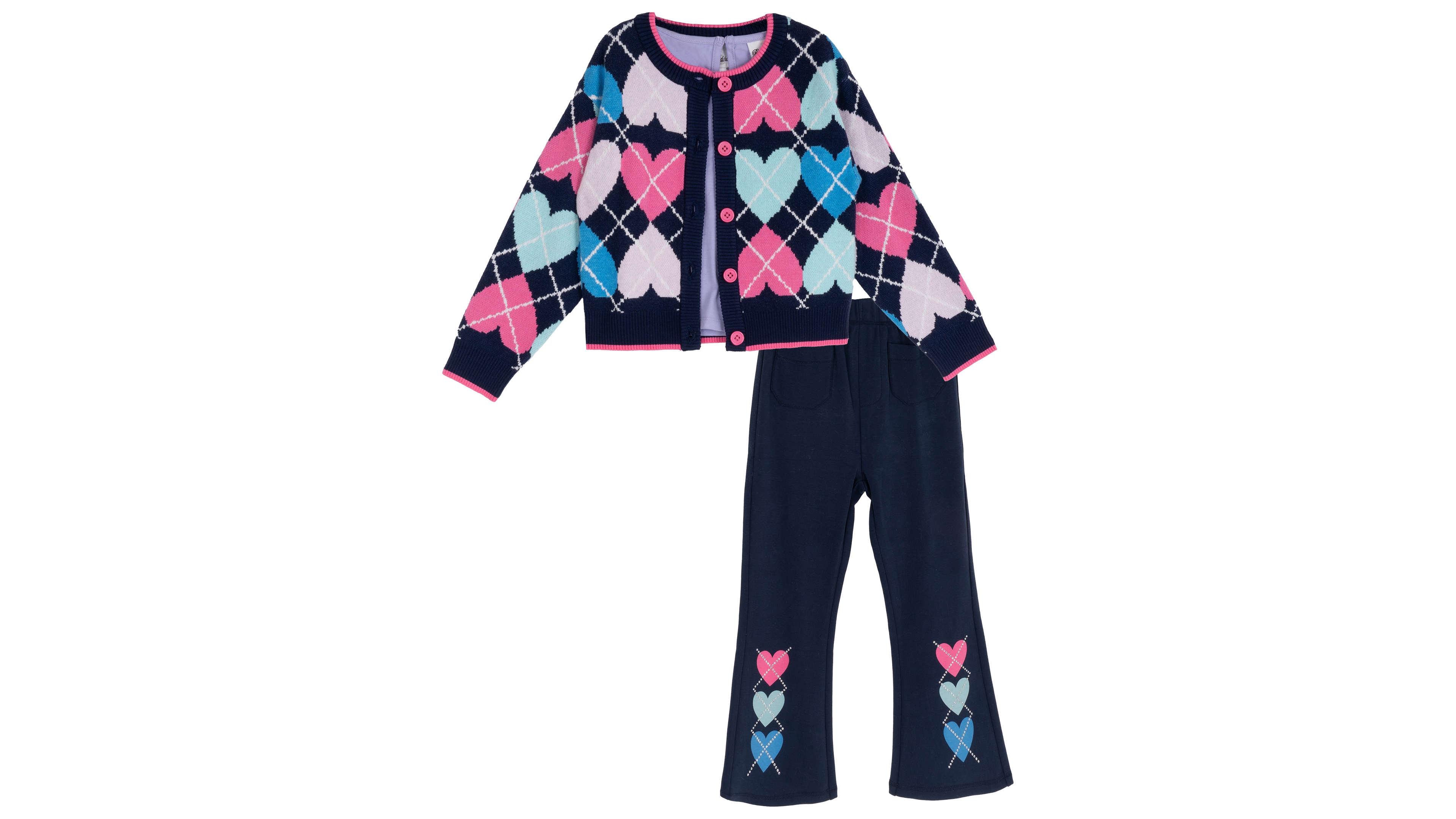 Rare Editions Toddler Girls' 2T-4T Heart Jacquard Cardigan, Top and Pants, 3-Piece Set