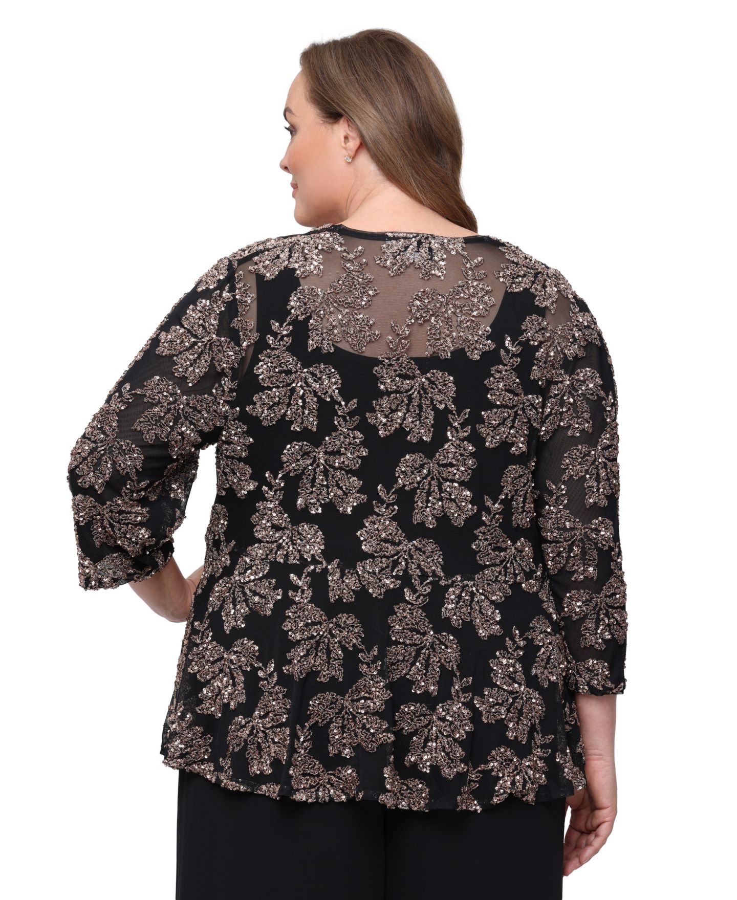 Женские комплекты Alex Evenings Plus Size Sequin Floral-Print Scoop Neck Tank and Jacket, 2-Piece Set, цвет: Чёрный / Бронзовый — фото 4