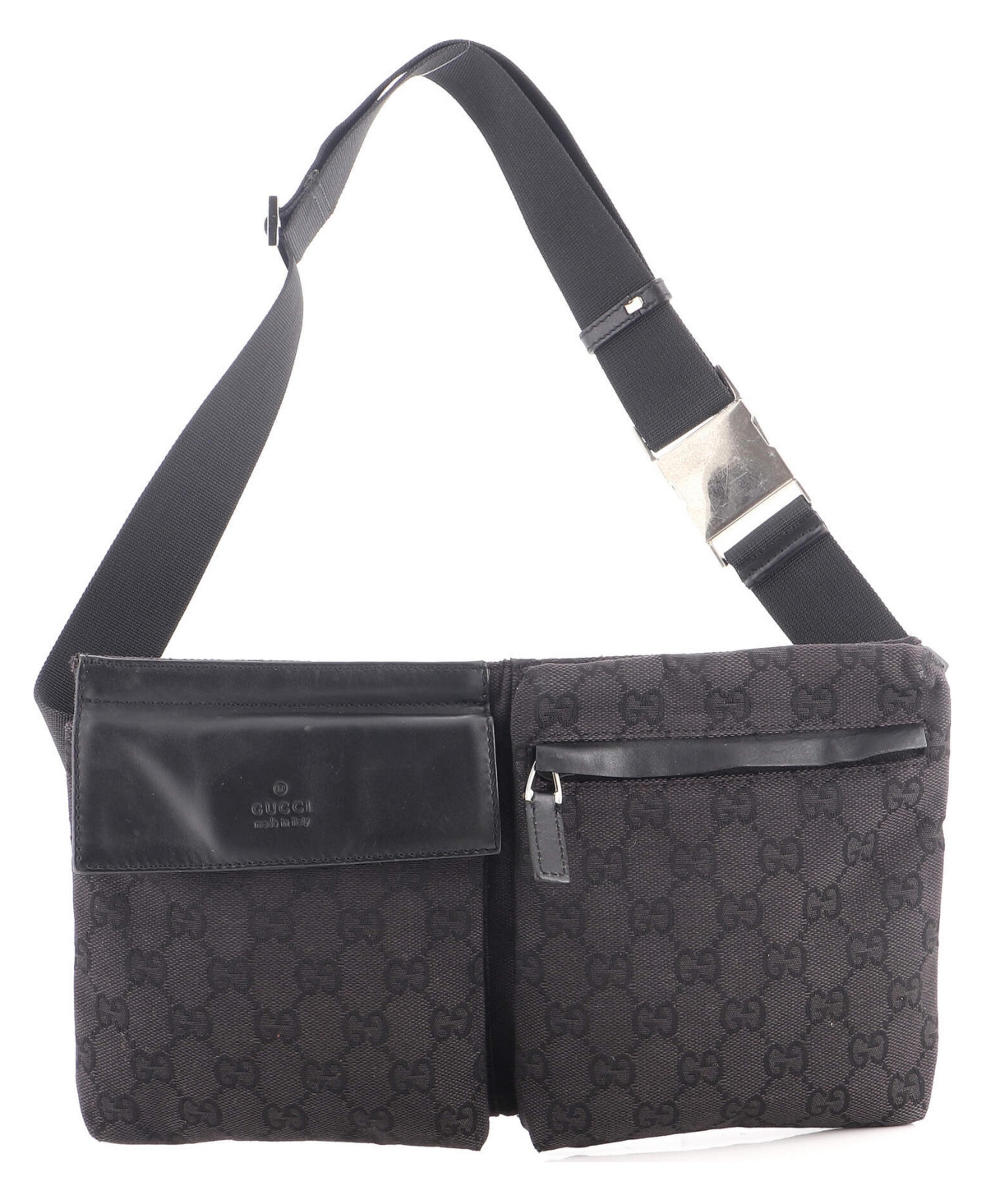 Pre-Owned Gucci Vintage Double Belt Bag Gg Canvas with Leather - Black