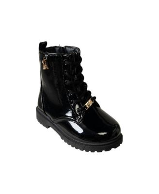 Little Girls' Faux Leather Combat Boots with Heart Key and Eiffel Tower Charm, Side Zip, Chunky Lug Sole
