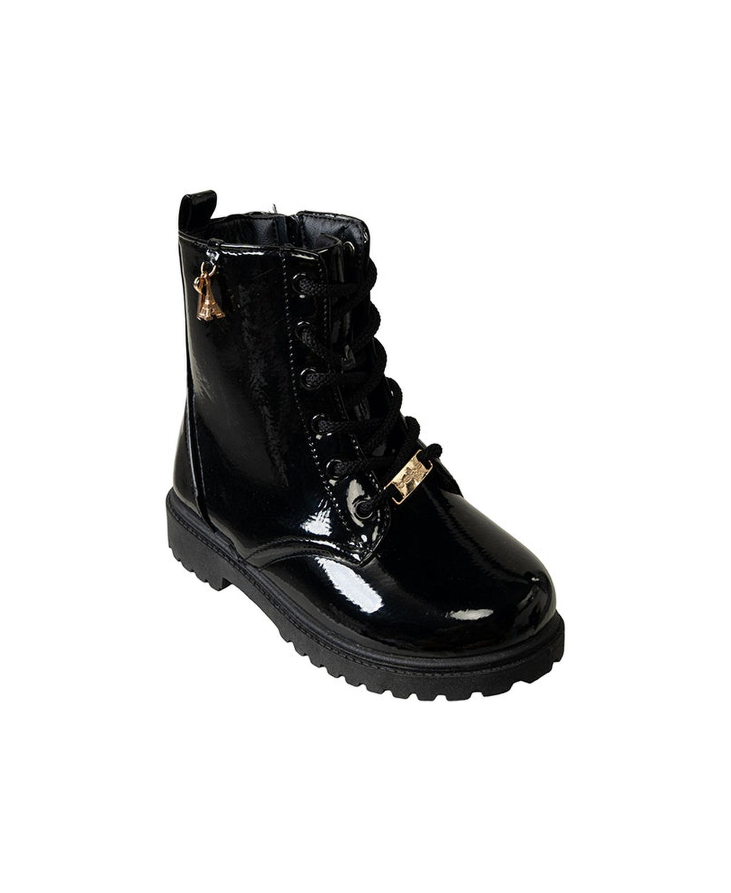 Ботинки Bebe Faux Leather Combat Boots with Heart Key and Eiffel Tower Charm, Side Zip, Chunky Lug Sole для девочек, цвет: Чёрный — фото 1