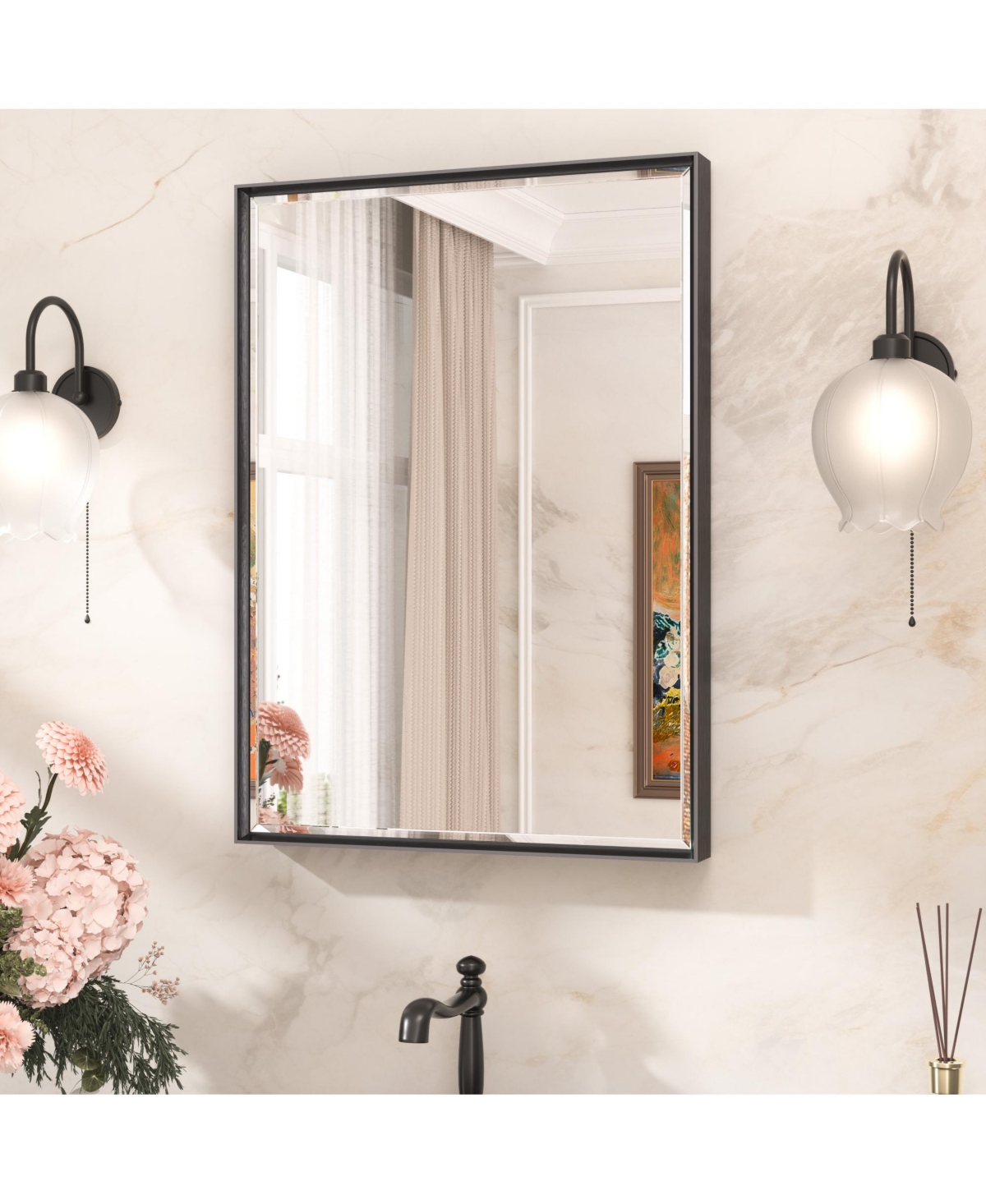 keonjinn Beveled Bathroom Vanity Mirror Metal Framed Over Sink Wall Mirror - Black - 22x30