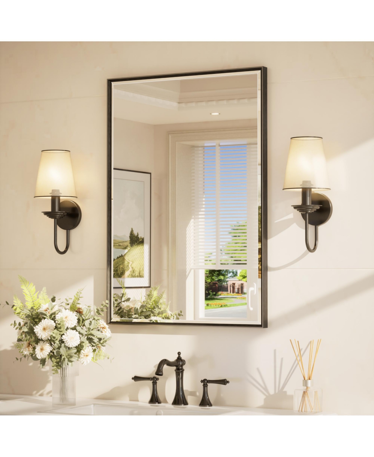 keonjinn Beveled Bathroom Vanity Mirror Metal Framed Over Sink Wall Mirror - Black - 24x36