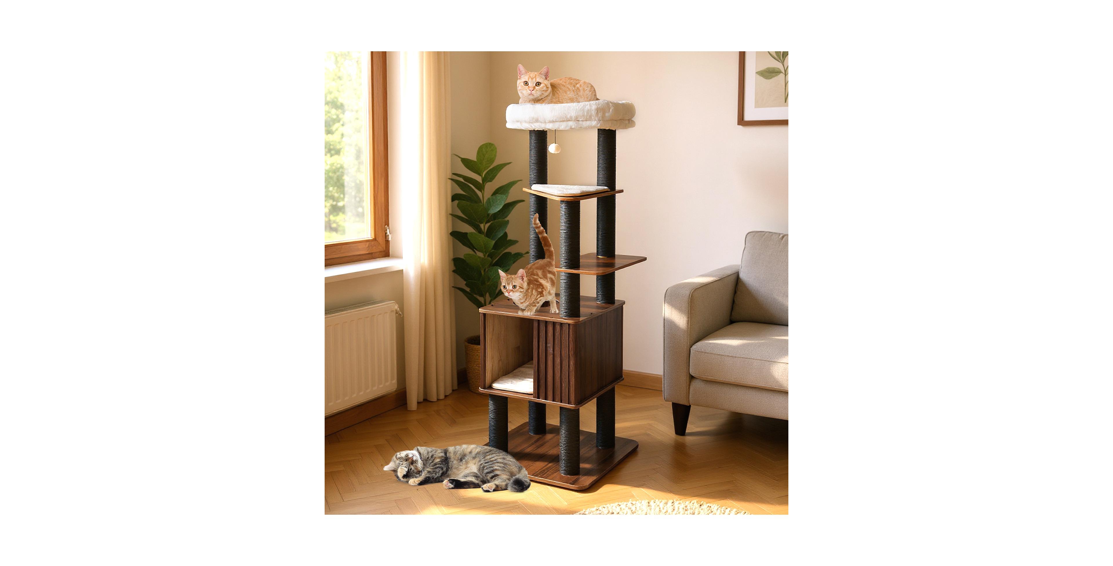 Zeny Wooden Cat Tower Top Perch with Soft Padding