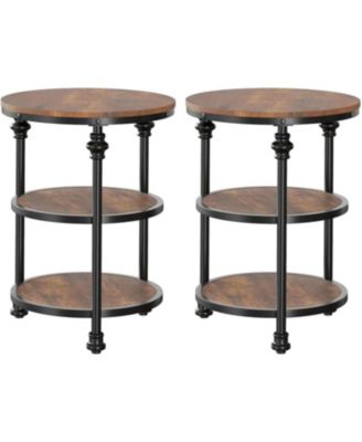 Set of 2 Round Wood End Tables with 3-Tier Storage, Vintage Nightstands for Living Room, 46 x 46 x 60 cm
