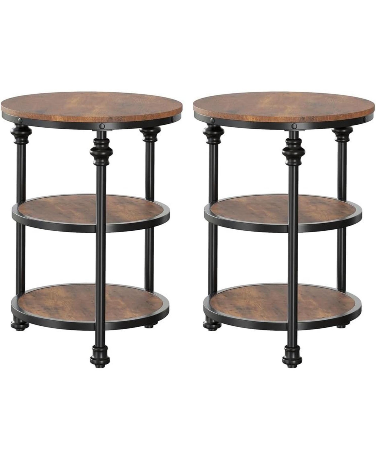 gaomon Set of 2 Round Wood End Tables with 3-Tier Storage, Vintage Nightstands for Living Room, 46 x 46 x 60 cm - Rustic brown