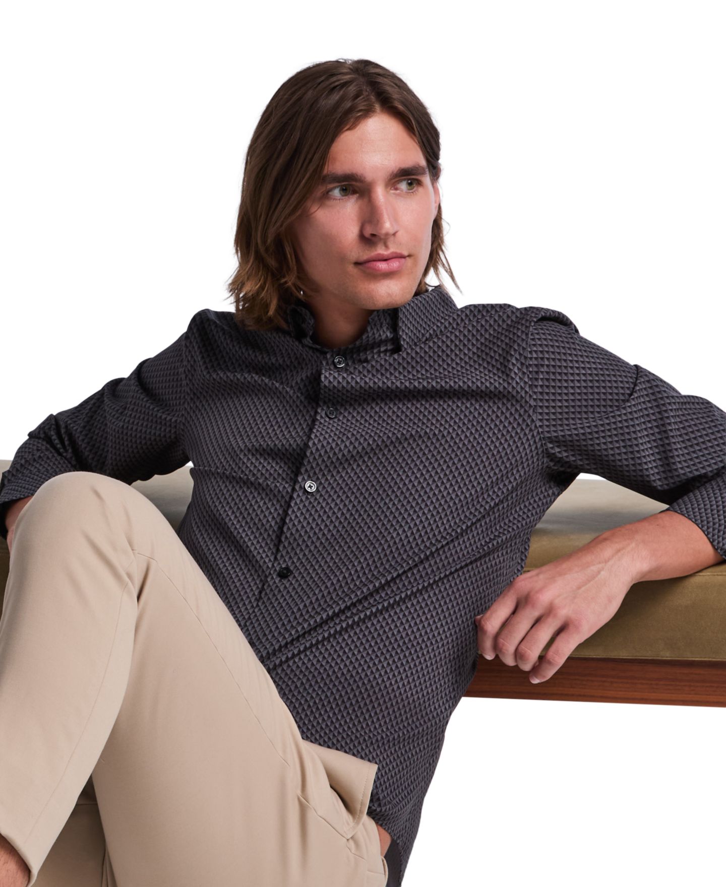 Мужская рубашка Perry Ellis Long-Sleeve Slim-Fit Diamond Geometric Print, цвет: Чёрный — фото 3