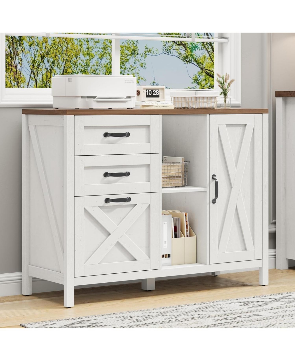 Vabches Farmhouse 3-Drawer 37.4-in Lateral File Cabinet with Storage Cabinet and Adjustable Hanging Rails - White