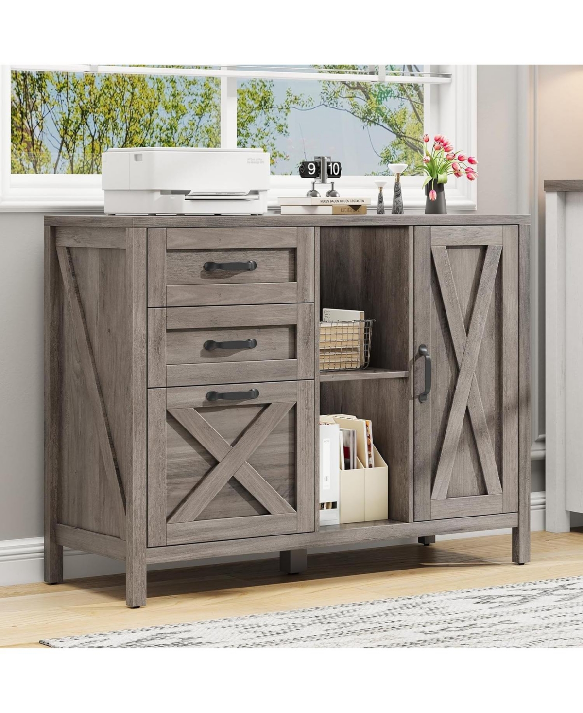Vabches Farmhouse 3-Drawer 37.4-in Lateral File Cabinet with Storage Cabinet and Adjustable Hanging Rails - Gray