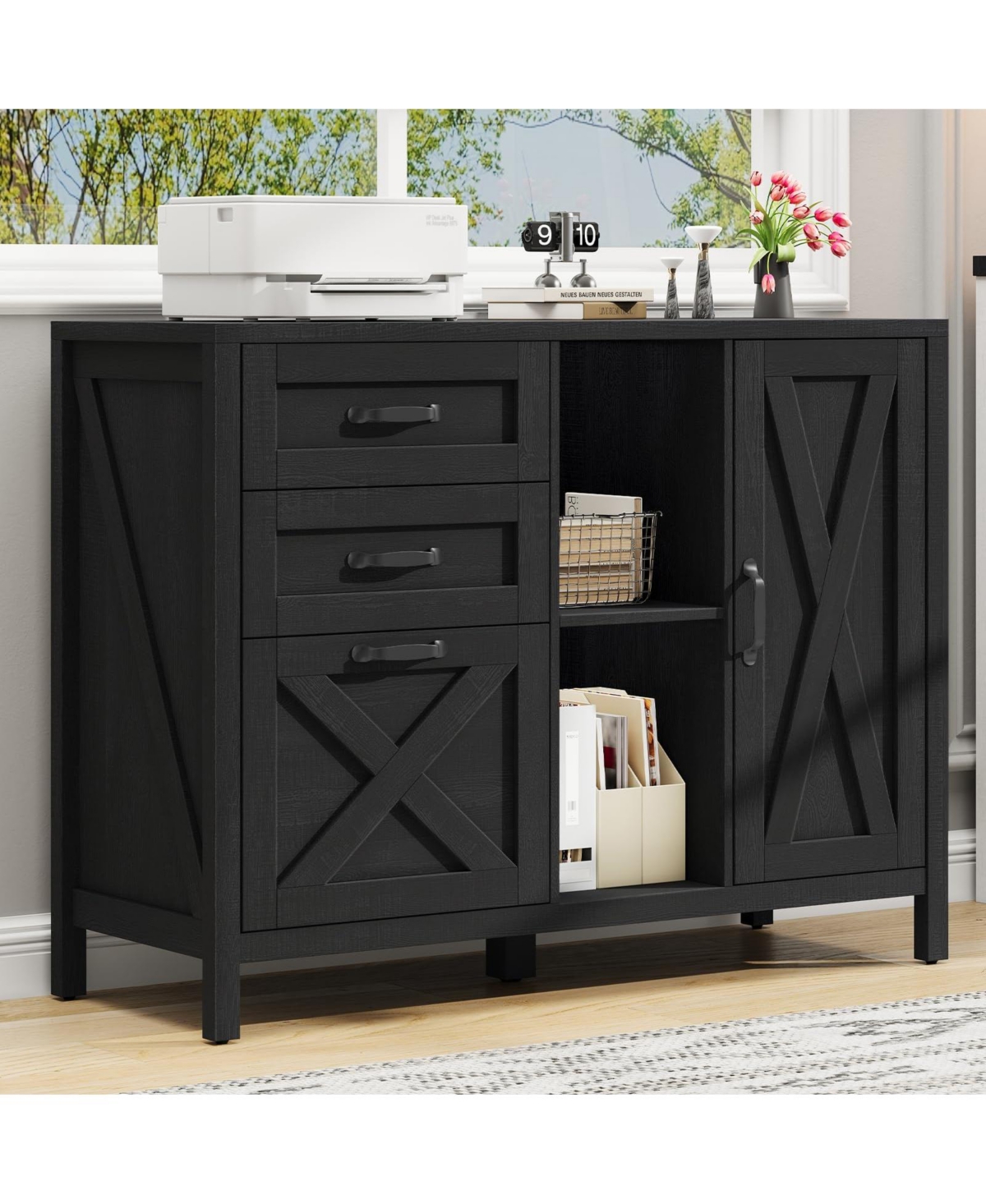 Vabches Farmhouse 3-Drawer 37.4-in Lateral File Cabinet with Storage Cabinet and Adjustable Hanging Rails - Black