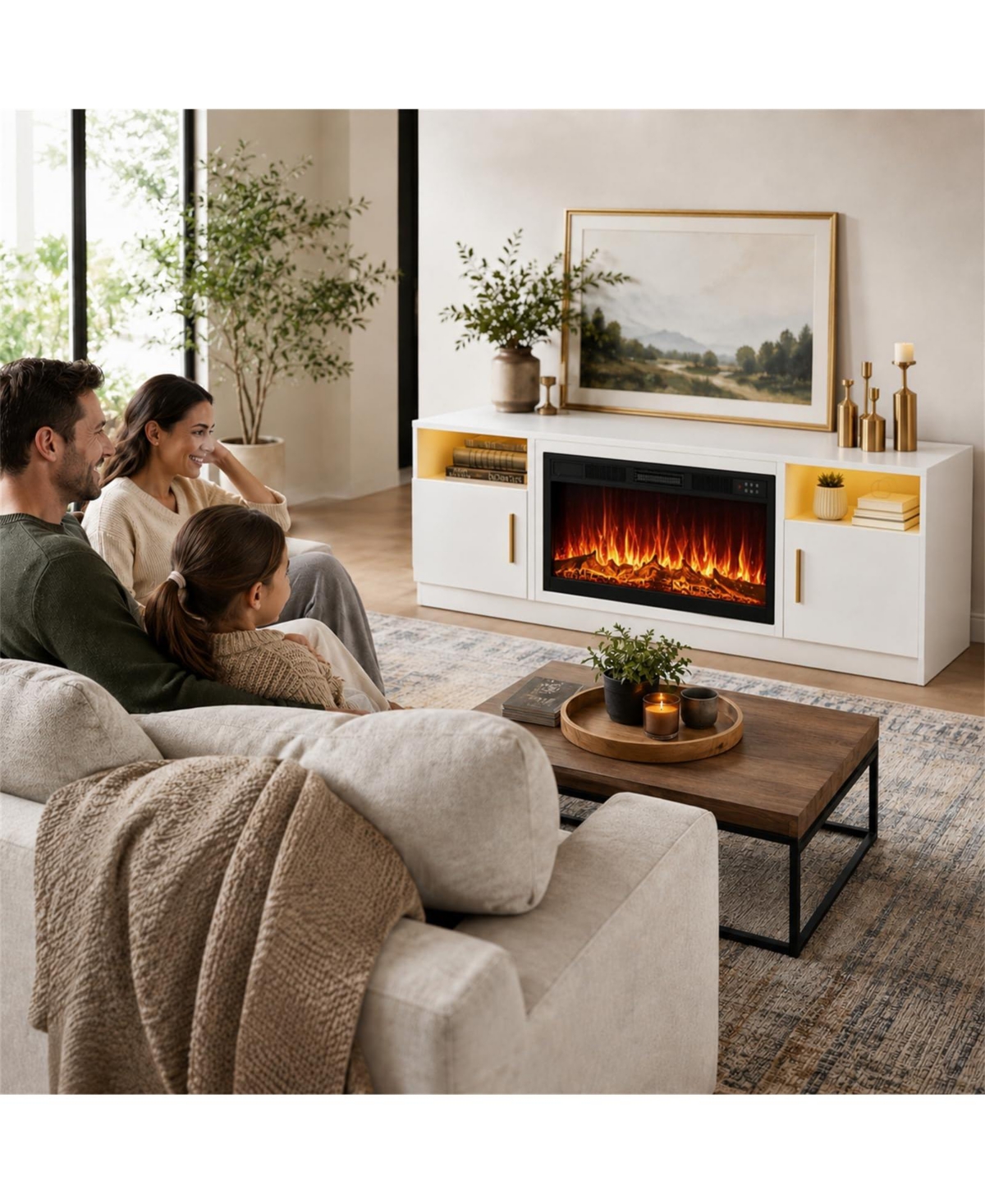 gaomon 70" Mdf Electric Fireplace Tv Stand, 36in 1500W 120V Fireplace Insert with 12 Color Flame, Media Console for TVs up to 70"