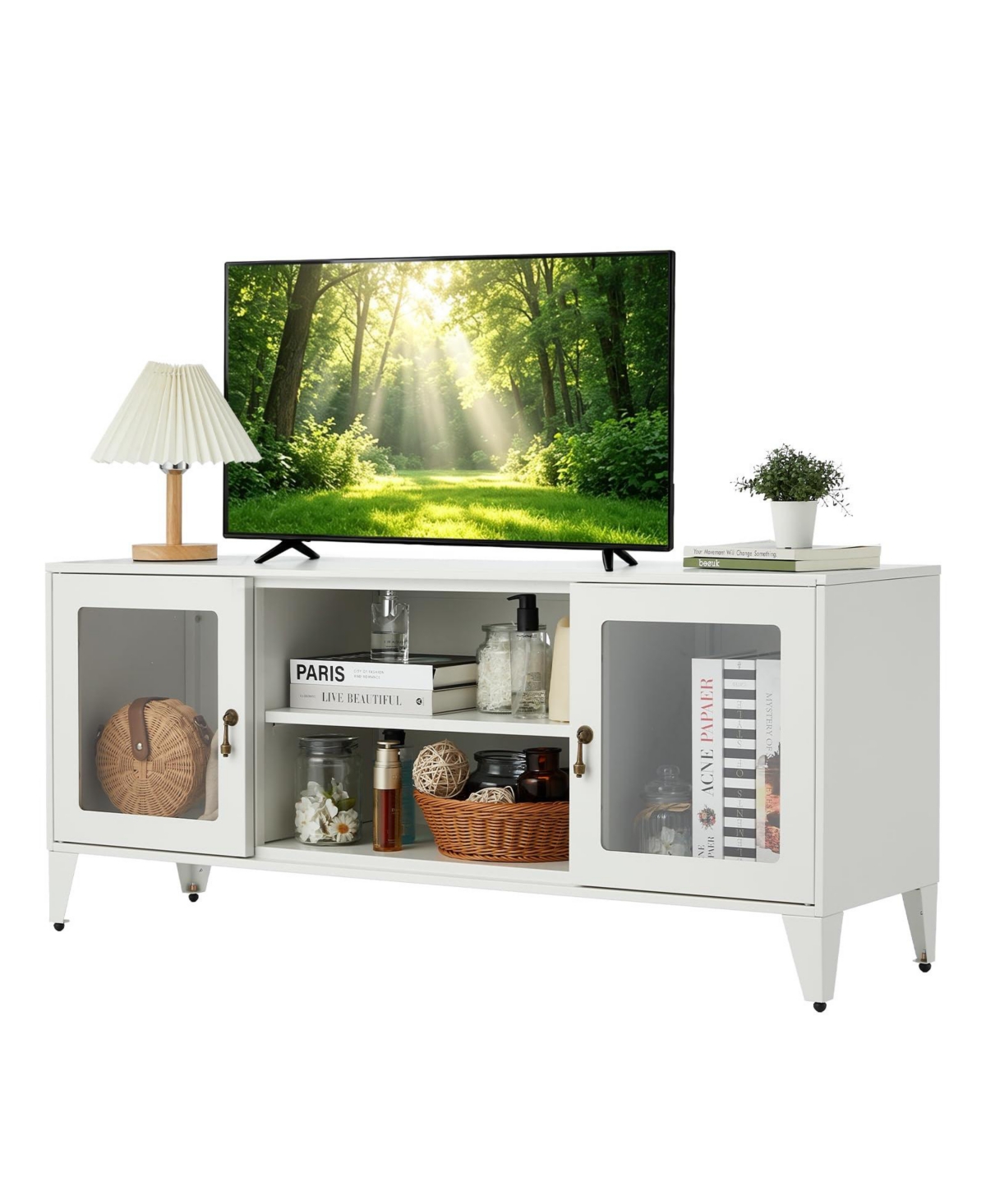 gaomon 47.3-In Modern Metal Tv Stand with Glass Doors and Adjustable Shelves, Industrial Media Console and Storage Sideboard for Bedrooms and Offices