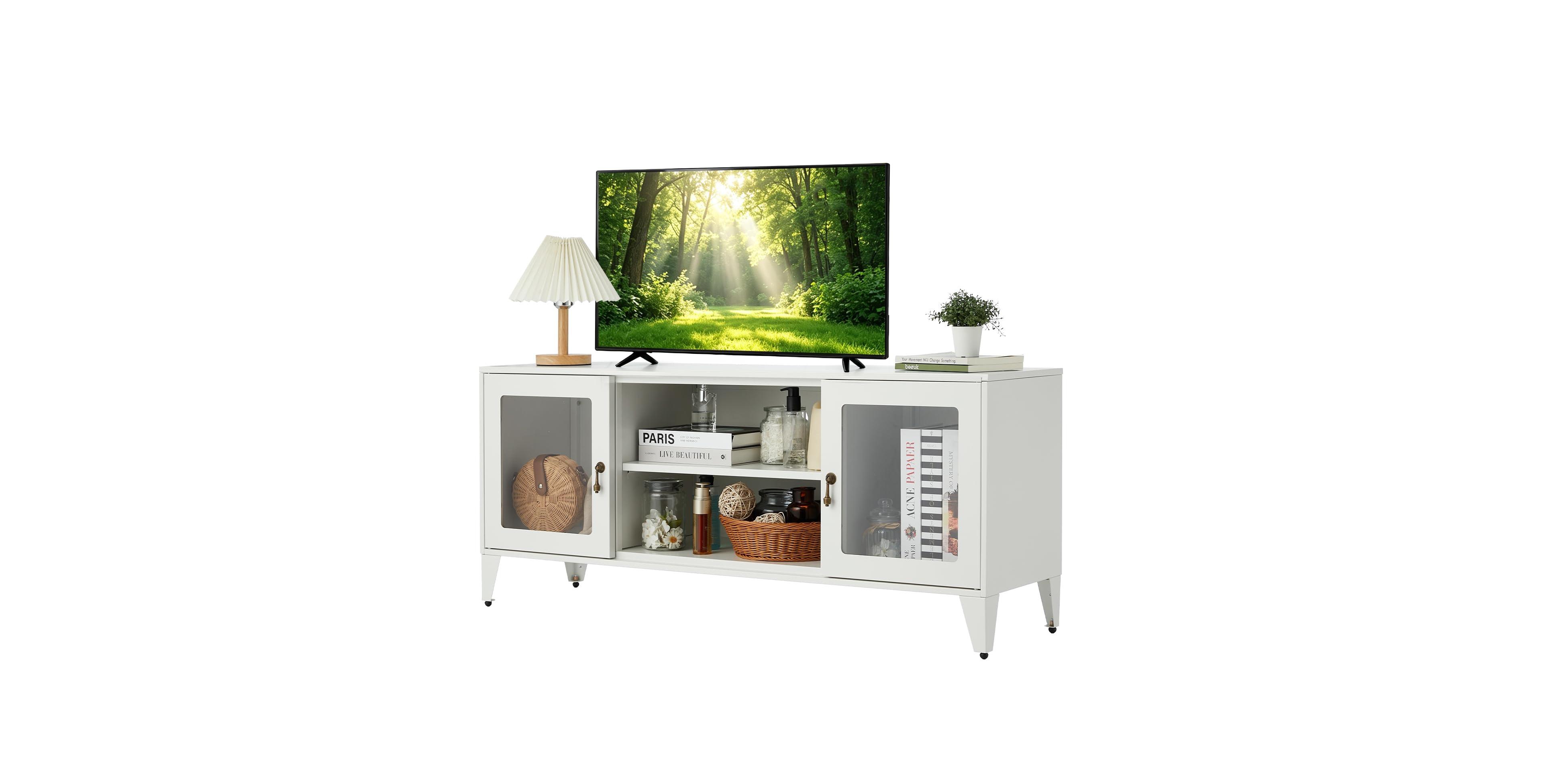 gaomon 47.3-In Modern Metal Tv Stand with Glass Doors and Adjustable Shelves, Industrial Media Console and Storage Sideboard for Bedrooms and Offices