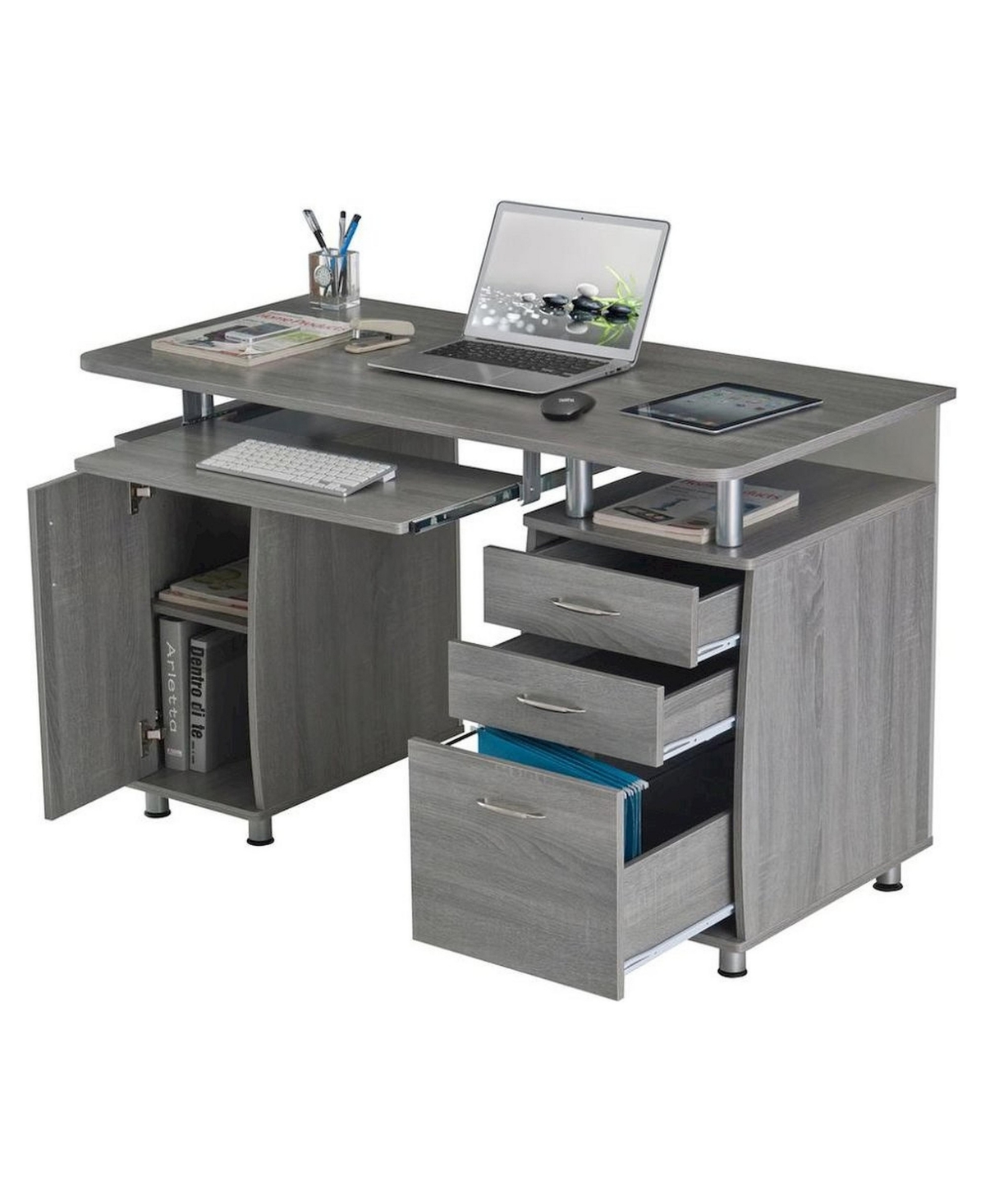 FurniFact Wood with 2 Drawers, Keyboard Shelf and 2 Cabinets Office Desk
