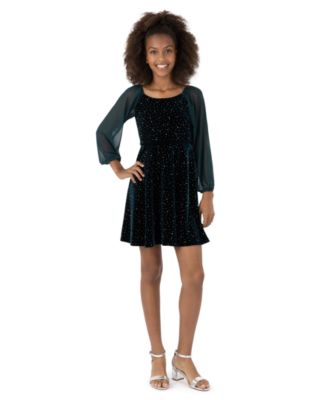 Girls' 7-16 Long-Sleeve Velvet Fit-and-Flare Dress