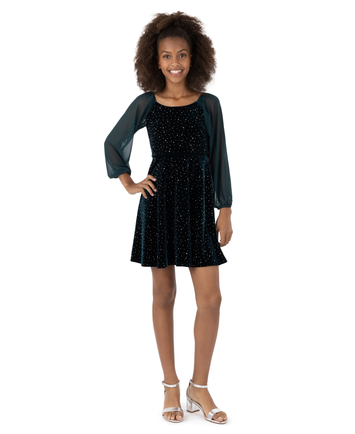 Speechless Girls' 7-16 Long-Sleeve Velvet Fit-and-Flare Dress