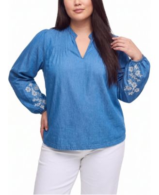 Plus Size Belle Isle V-Neck Long Bishop Sleeves Embroidered Chambray Blouse