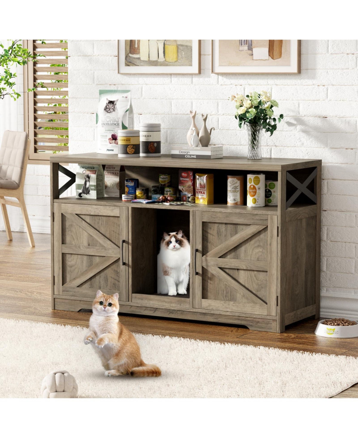 Vabches Cat Litter Box Enclosure for 2 Cats, 47" Double Hidden Washroom with Scratch Pad