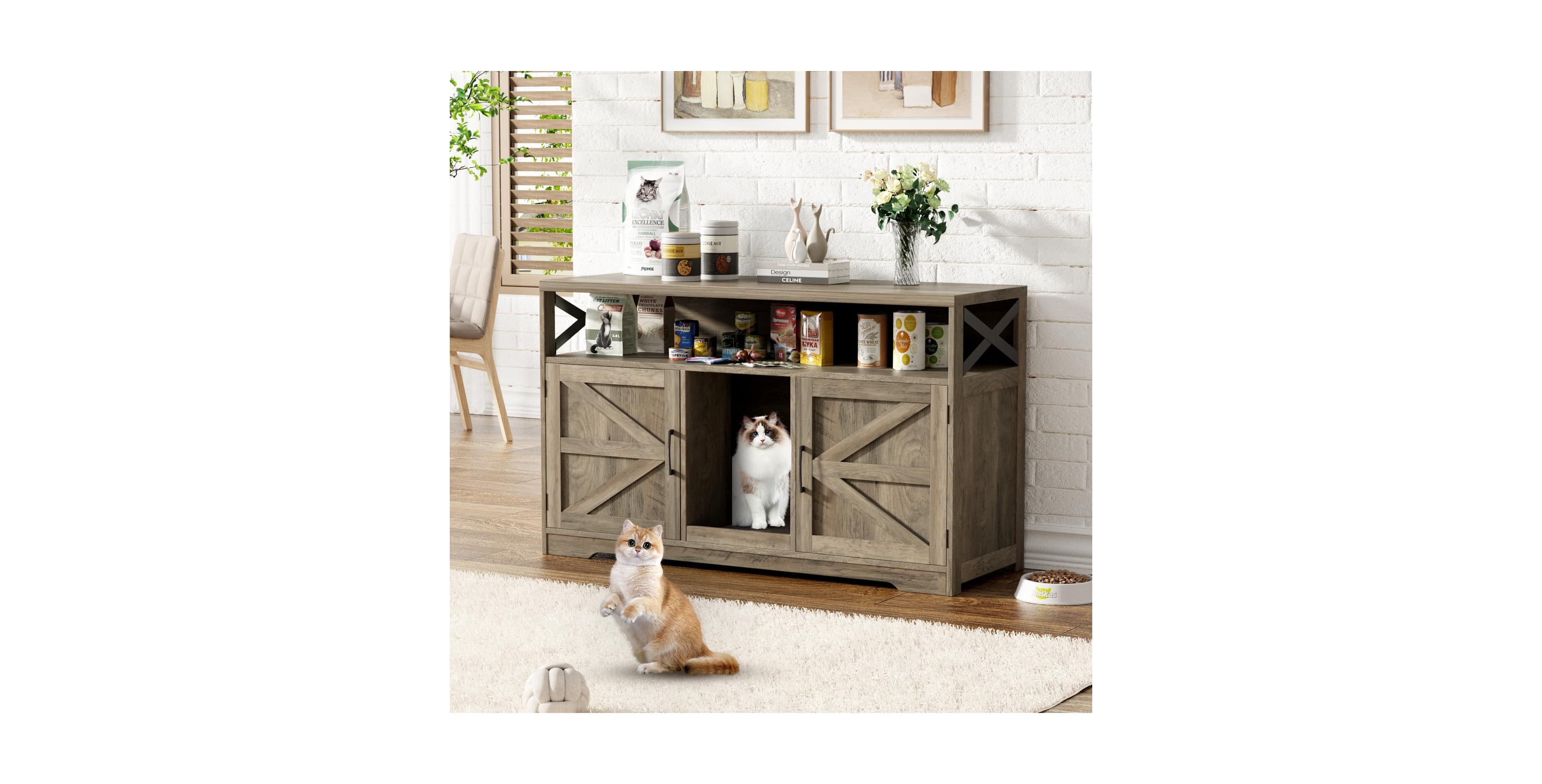 Vabches Cat Litter Box Enclosure for 2 Cats, 47" Double Hidden Washroom with Scratch Pad