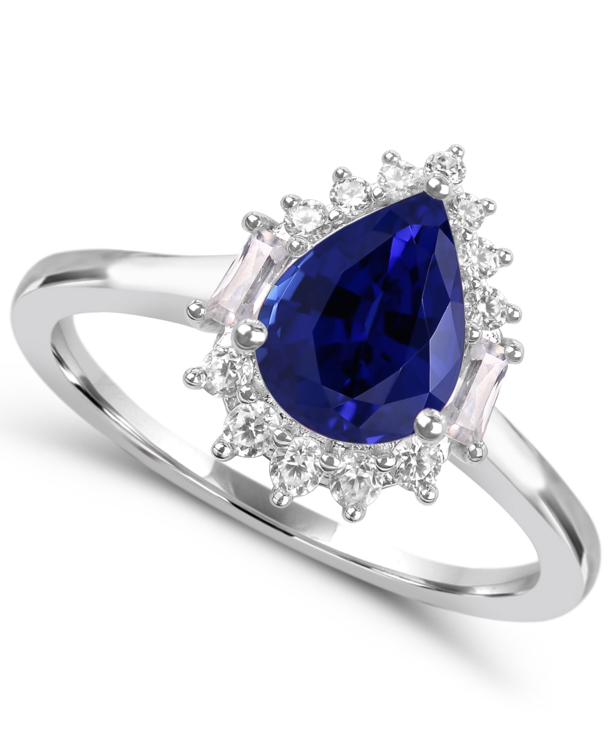 Macy's Lab-Grown Blue Sapphire Halo Teardrop Ring (7/8 ct. t.w.) with Lab-Grown White Sapphire in 14k Gold-Plated Sterling Silver - Blue