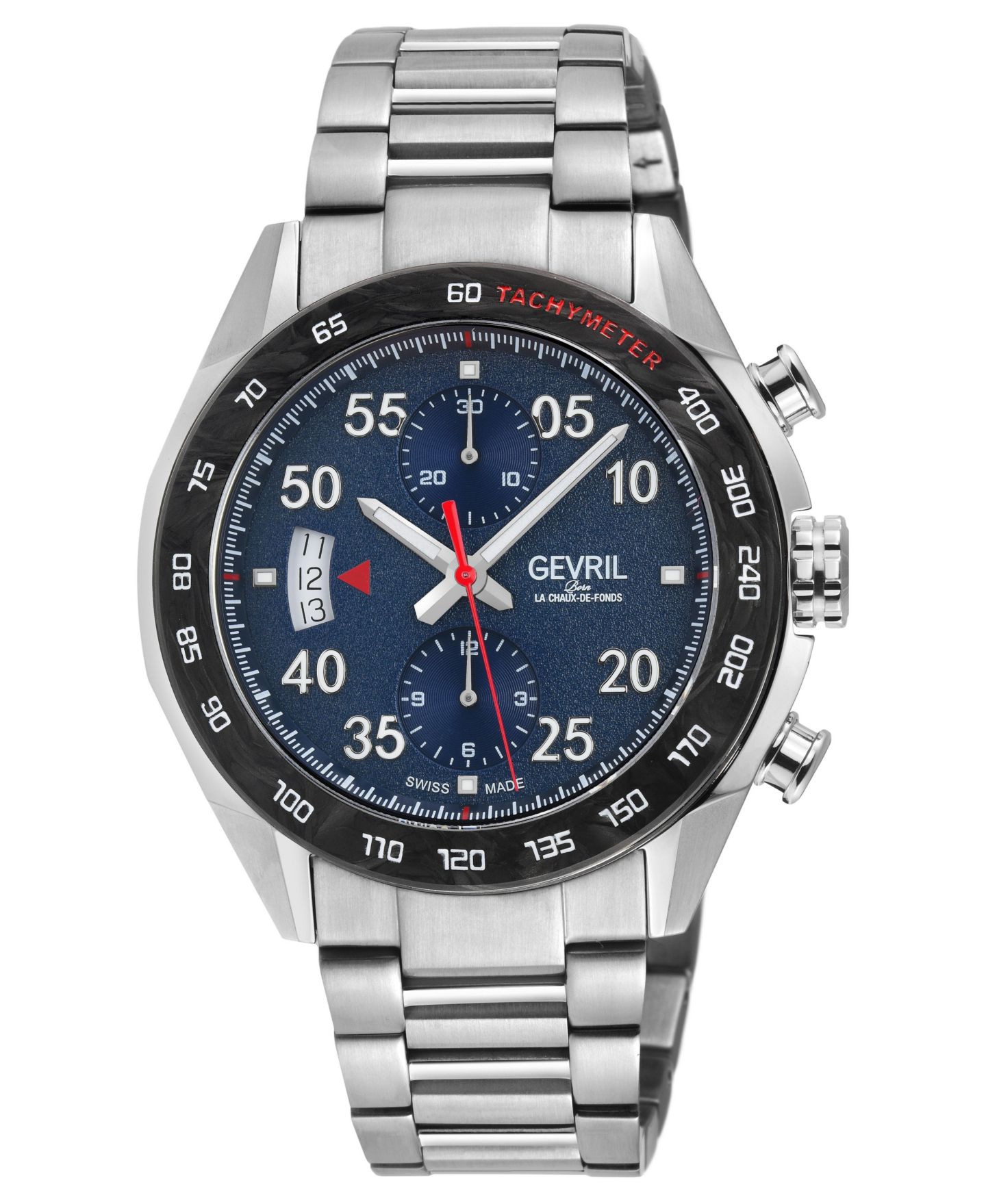 Мужские часы Gevril Swiss Automatic Chronograph Ascari Silver Stainless Steel Bracelet Watch, 42mm, цвет: Серебряный — фото 1