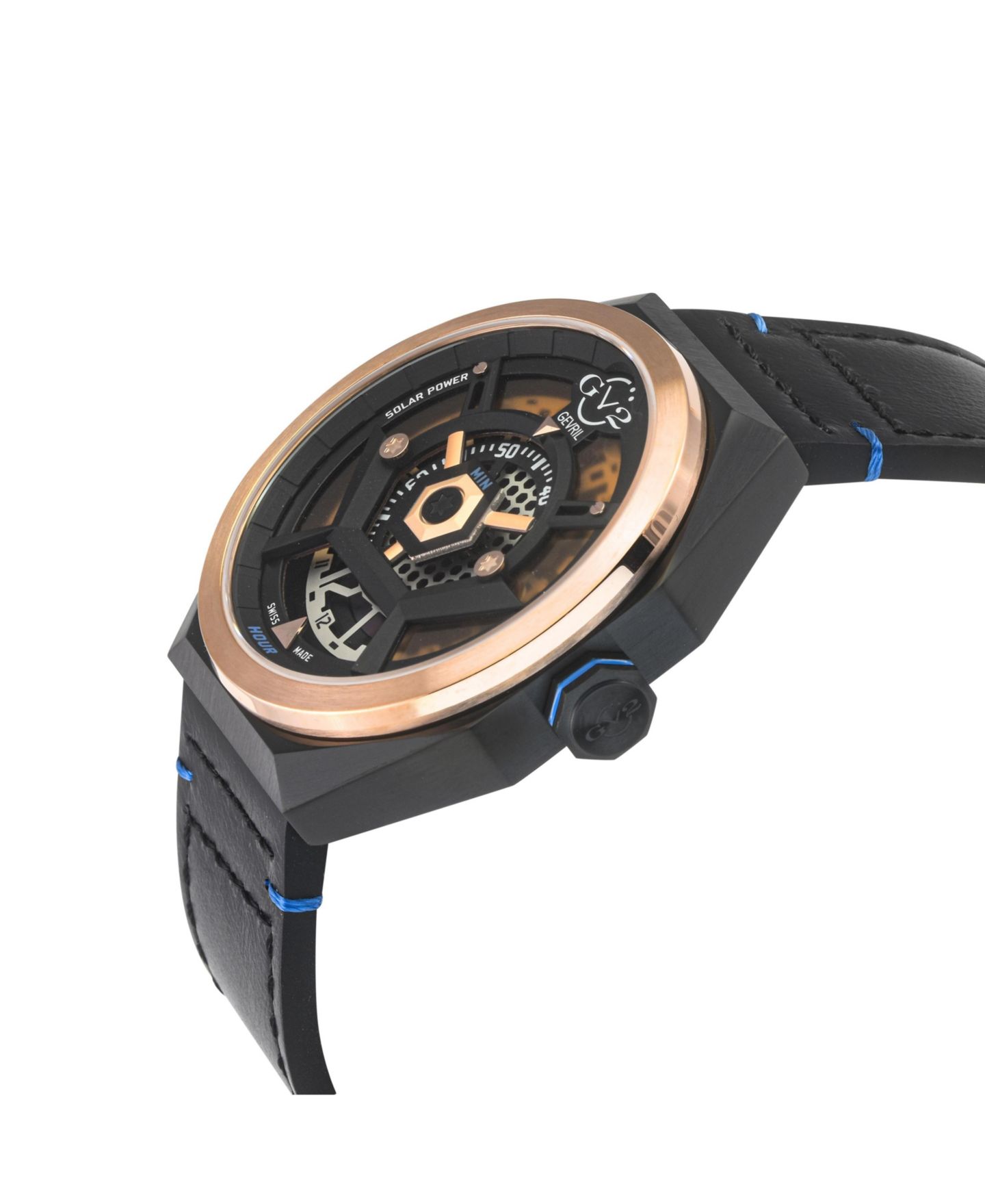 Мужские часы GV2 by Gevril Swiss Quartz Solar-Powered Stella Solare Italian Leather Strap Watch, 44mm, цвет: Чёрный — фото 2