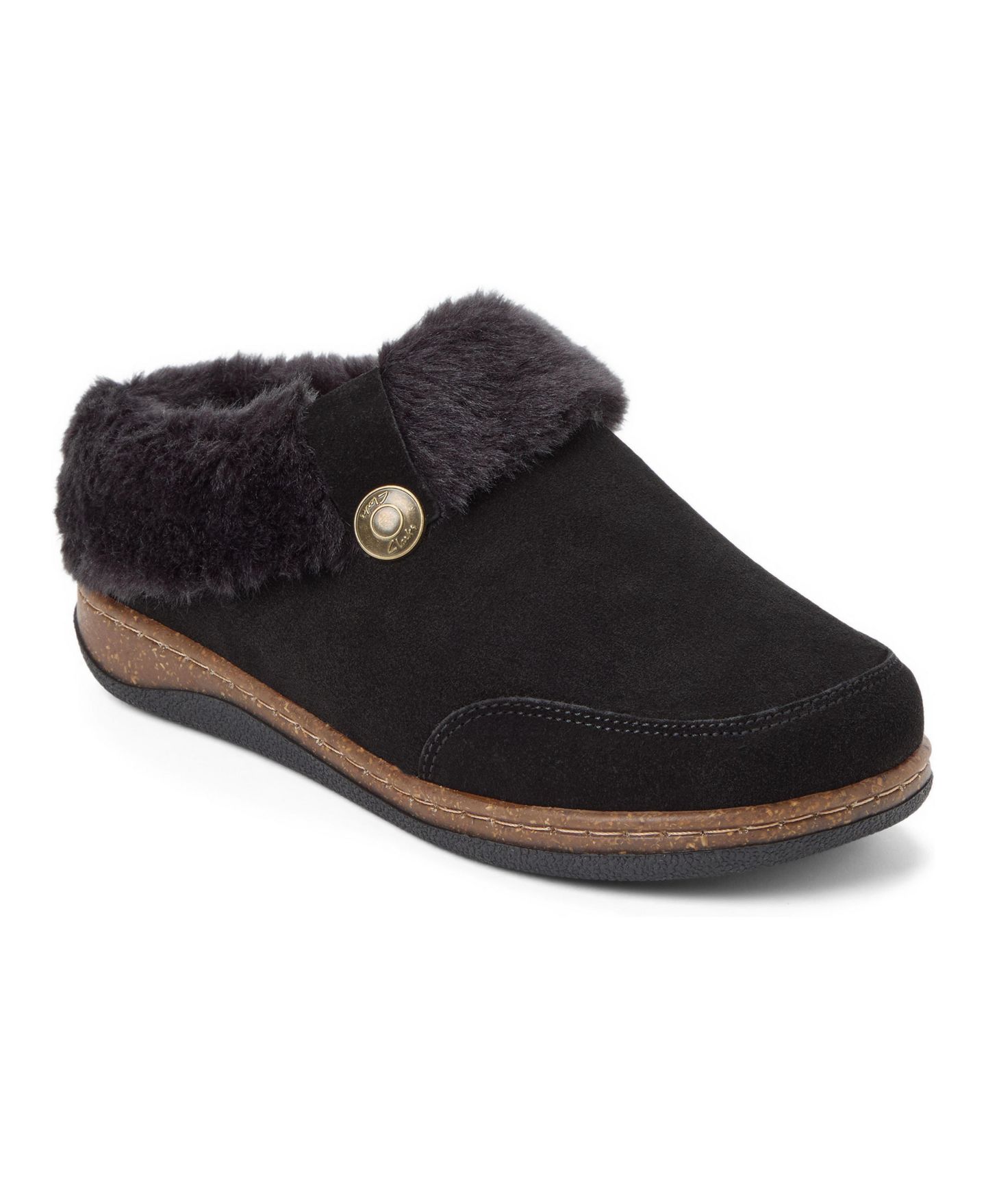 Женские тапочки Clarks Suede Clog Slippers With Faux Fur Cuff, цвет: Чёрный — фото 1