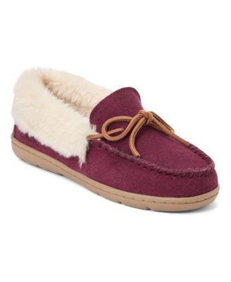 Women's Suede Moc With Leather Lacing and Faux Fur Trim Slippers