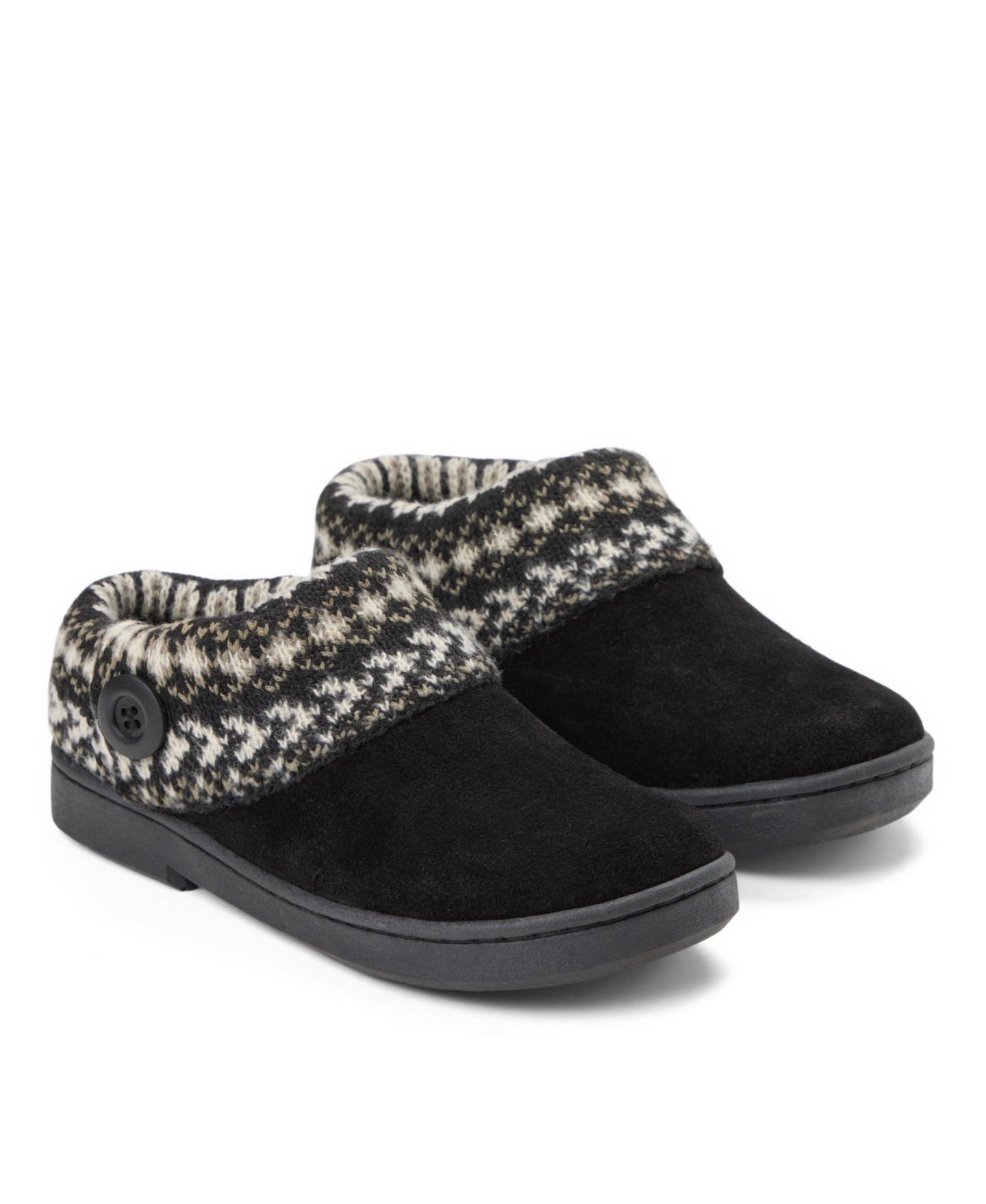 Женские сабо Clarks Suede Clog With Fair Isle Sweater Knit Cuff and Wood Button Slippers, цвет: Чёрный — фото 7