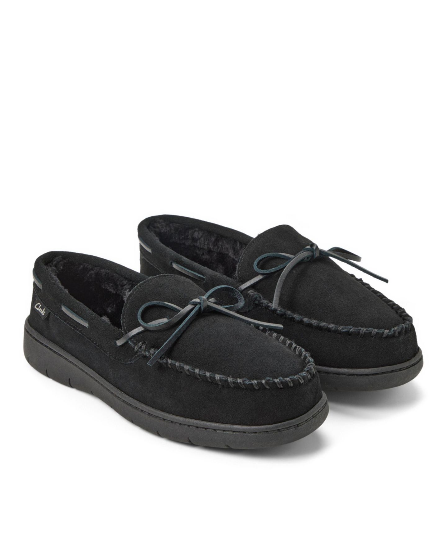 Мужские тапочки Clarks Genuine Cow Suede Moccasin With Leather Lacing And Tipped Faux Fur Slippers, цвет: Чёрный — фото 7