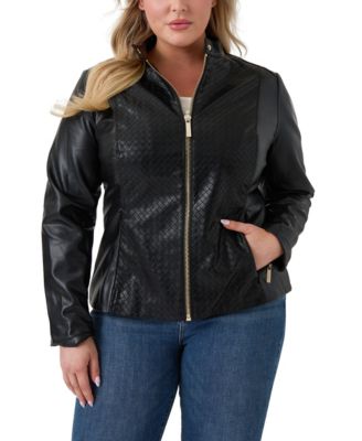 Plus Size Faux Leather Basketweave Moto Jacket