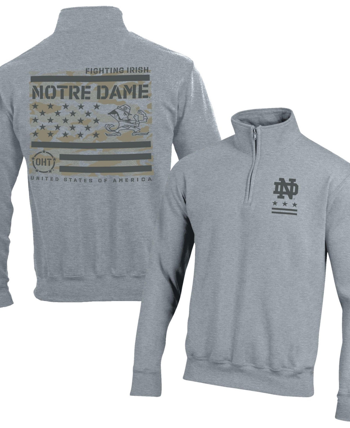 Champion Men's Heather Gray Notre Dame Fighting Irish Operation Hat Trick Flag Power blend Fleece Quarter-Zip Pullover
