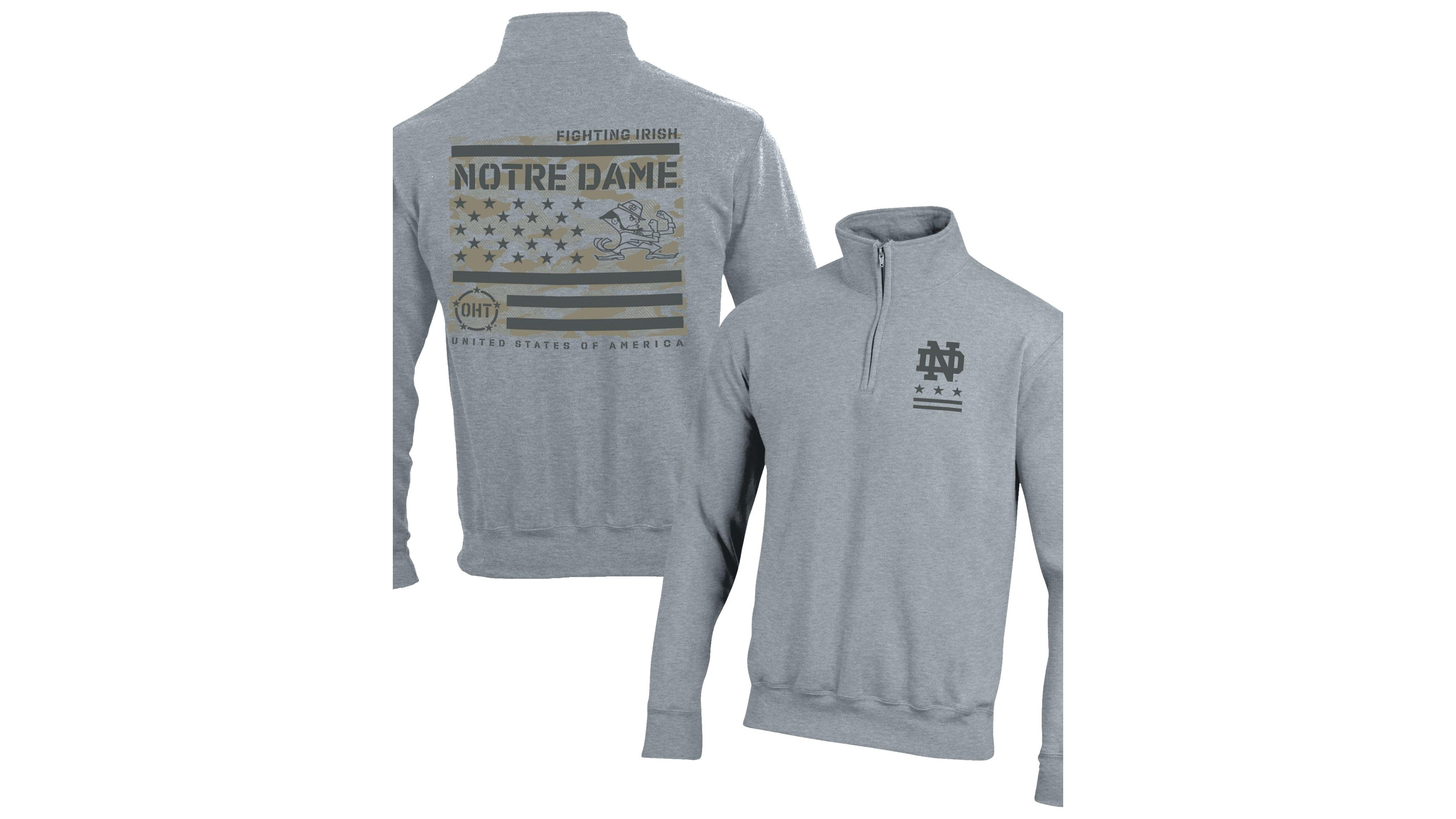 Champion Men's Heather Gray Notre Dame Fighting Irish Operation Hat Trick Flag Power blend Fleece Quarter-Zip Pullover
