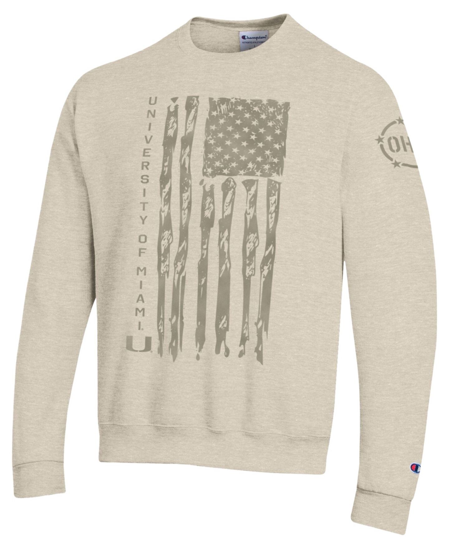 Мужская толстовка Champion Oatmeal Miami Hurricanes Operation Hat Trick Flag Fleece Crewneck — фото 3