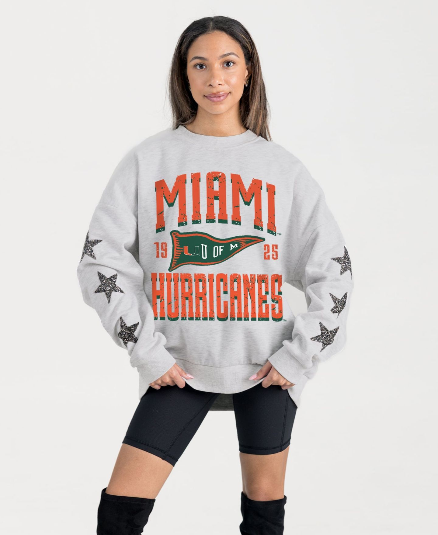 Женская толстовка Gameday Couture Ash Miami Hurricanes Oversized Pennant Pride Rhinestone Star Sleeve — фото 1
