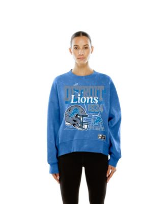 Women's Blue Detroit Lions Throwback Mineral Wash Boxy Fleece Crewneck Sweatshirt
