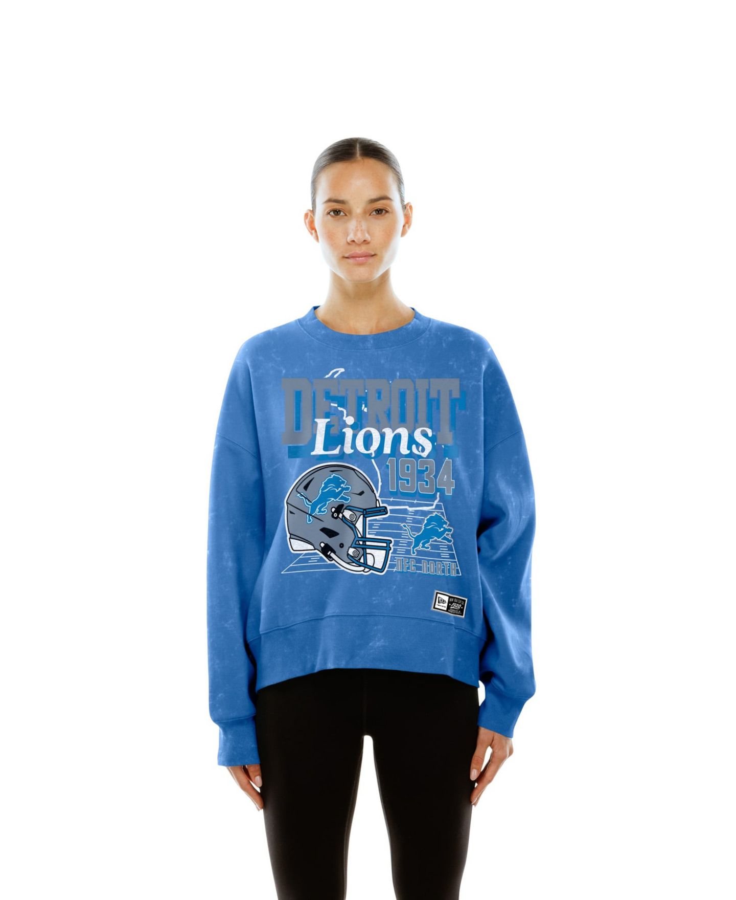 Женская толстовка New Era Blue Detroit Lions Throwback Mineral Wash Boxy Fleece Crewneck — фото 1