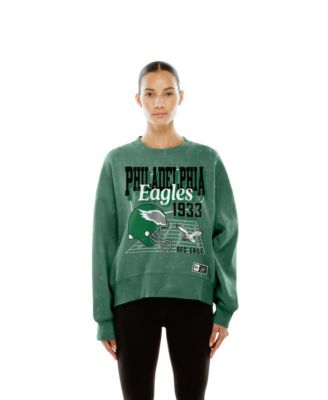 Women's Kelly Green Philadelphia Eagles Throwback Mineral Wash Boxy Fleece Crewneck Sweatshirt