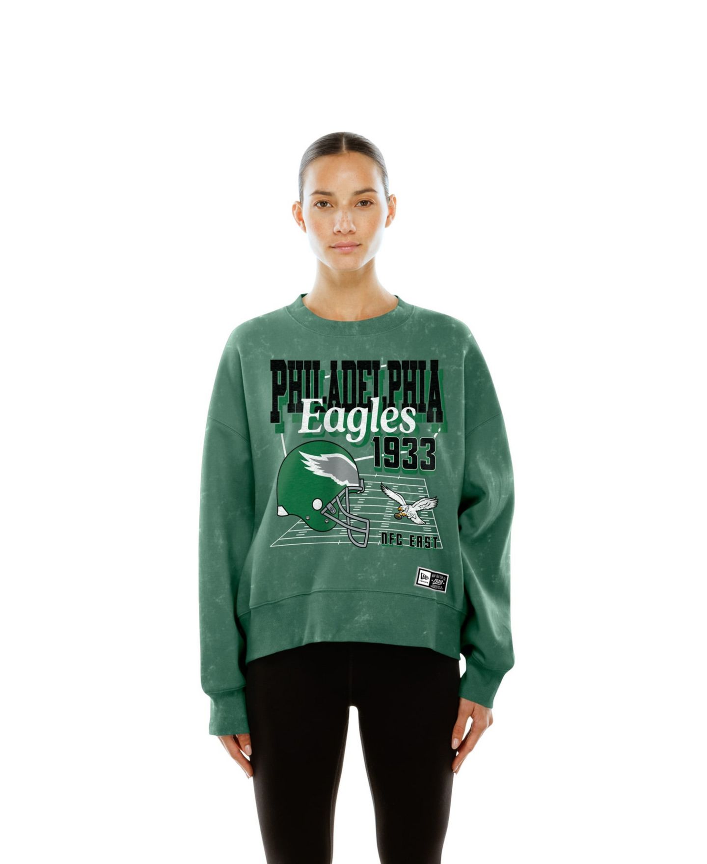 Женская толстовка New Era Kelly Green Philadelphia Eagles Throwback Mineral Wash Boxy Fleece Crewneck — фото 1