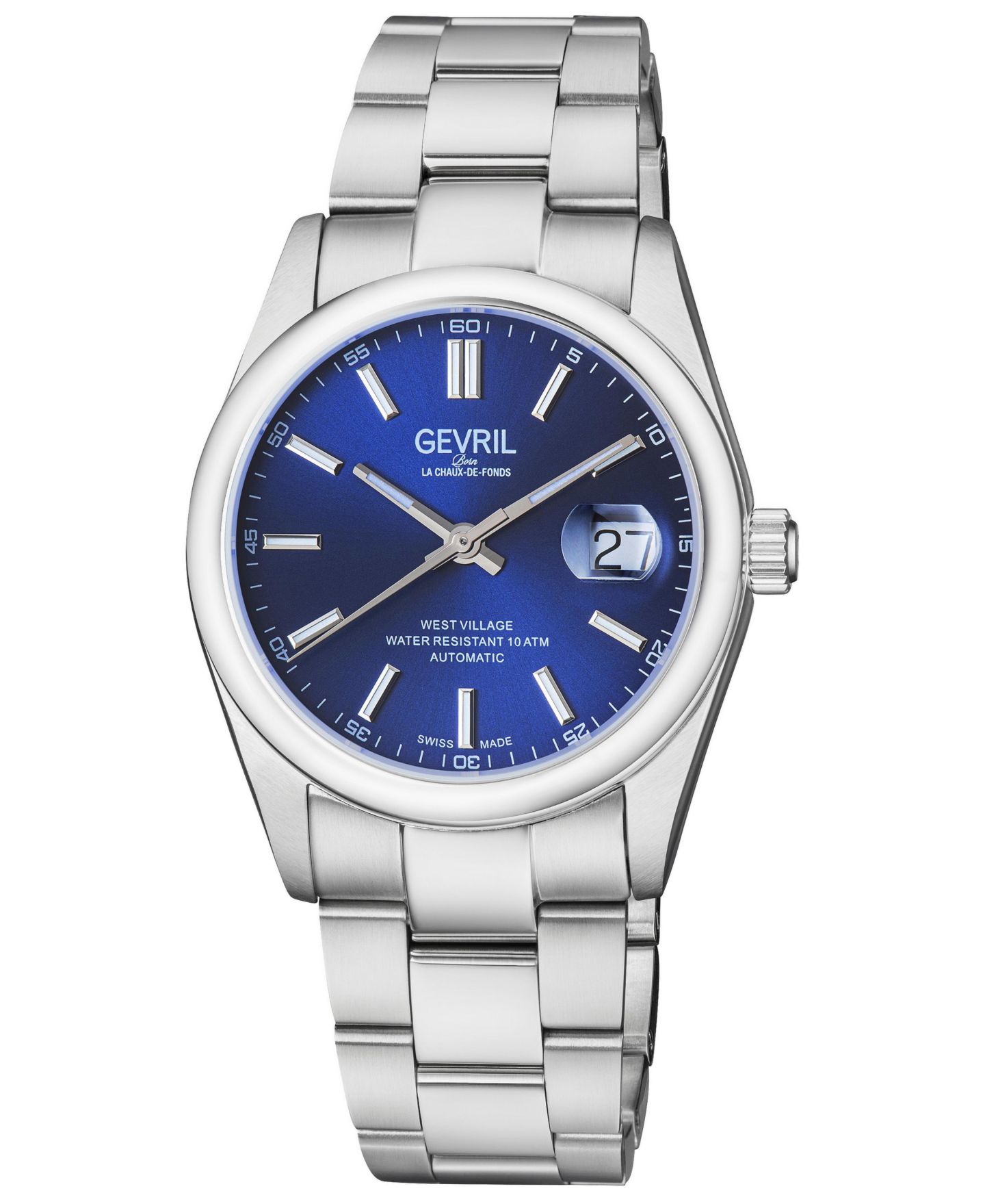 Мужские часы Gevril Swiss Automatic West Village Silver 316L Stainless Steel Bracelet Watch, 40mm, цвет: Серебряный — фото 1