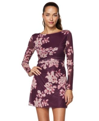 Juniors' Floral-Print Long-Sleeve Ruched-Waist Dress