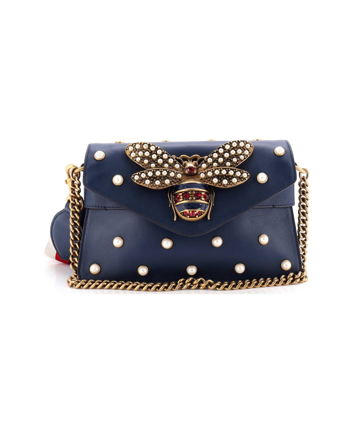 Pre-Owned Gucci Mini Broadway Pearly Bee Shoulder Bag Embellished Leather - Blue