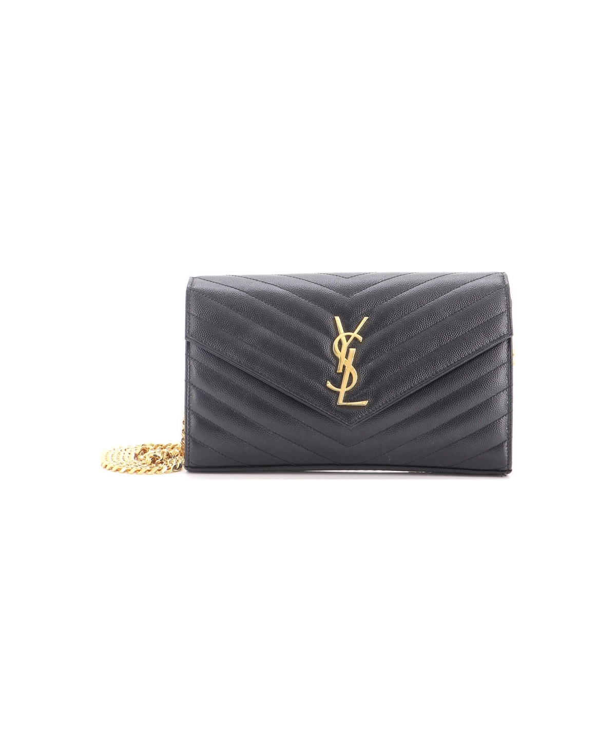 Pre-Owned Saint Laurent Medium Classic Monogram Wallet on Chain Matelasse Chevron Leather - Black