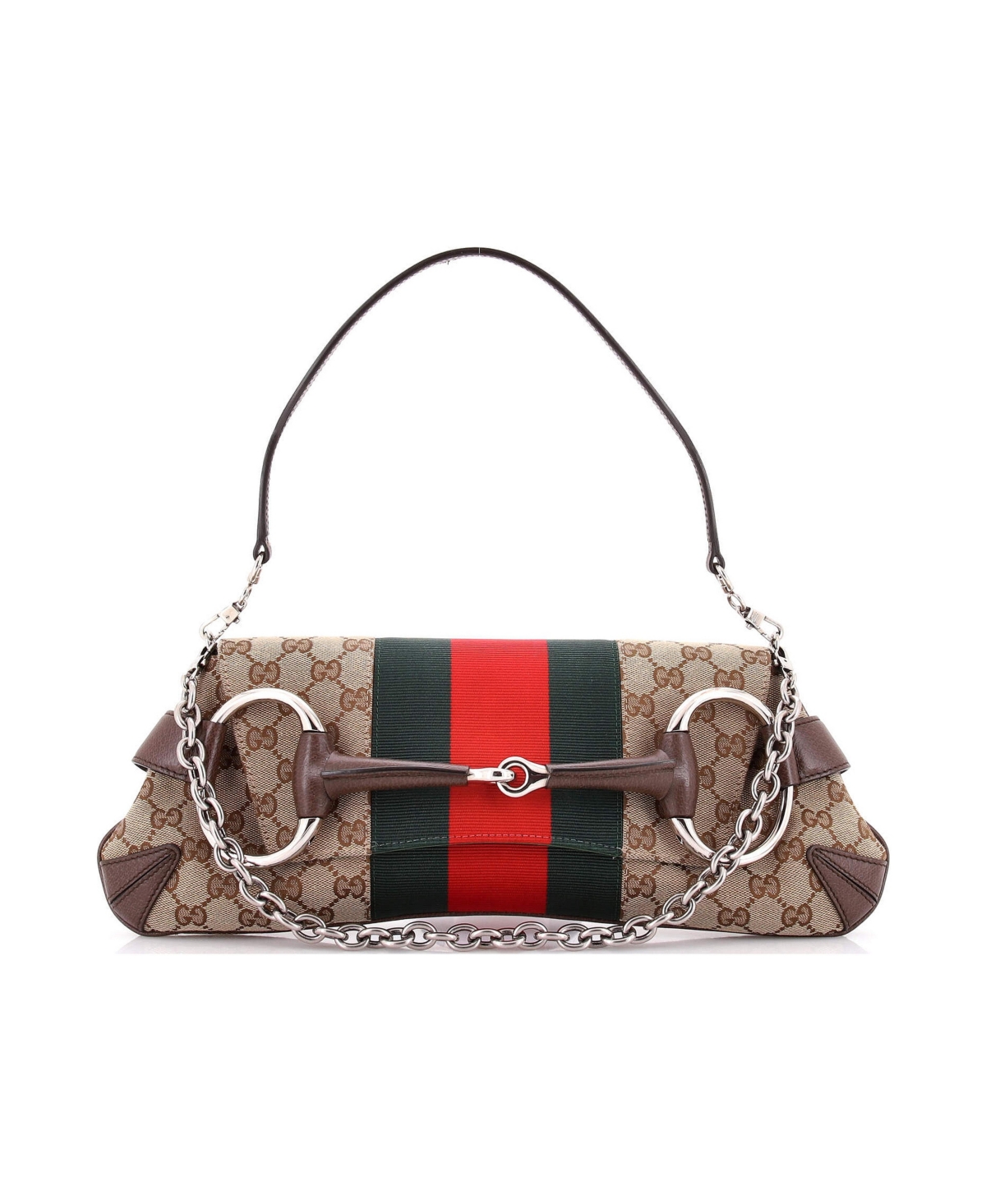 Pre-Owned Gucci Medium Horsebit Nm Web Chain Clutch Gg Canvas - Brown
